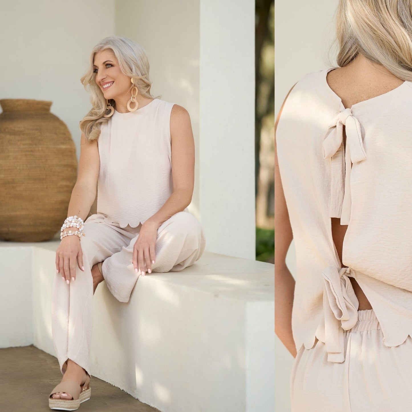 Twin Set comfy pull up pants and scallop top ~ Stone