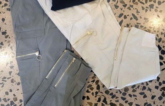 Bon Bon Cargo Pants with gold zip - Stone