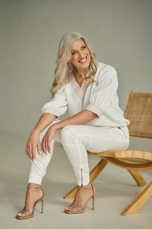 Soft Milk V neck blouse with blush embroidery