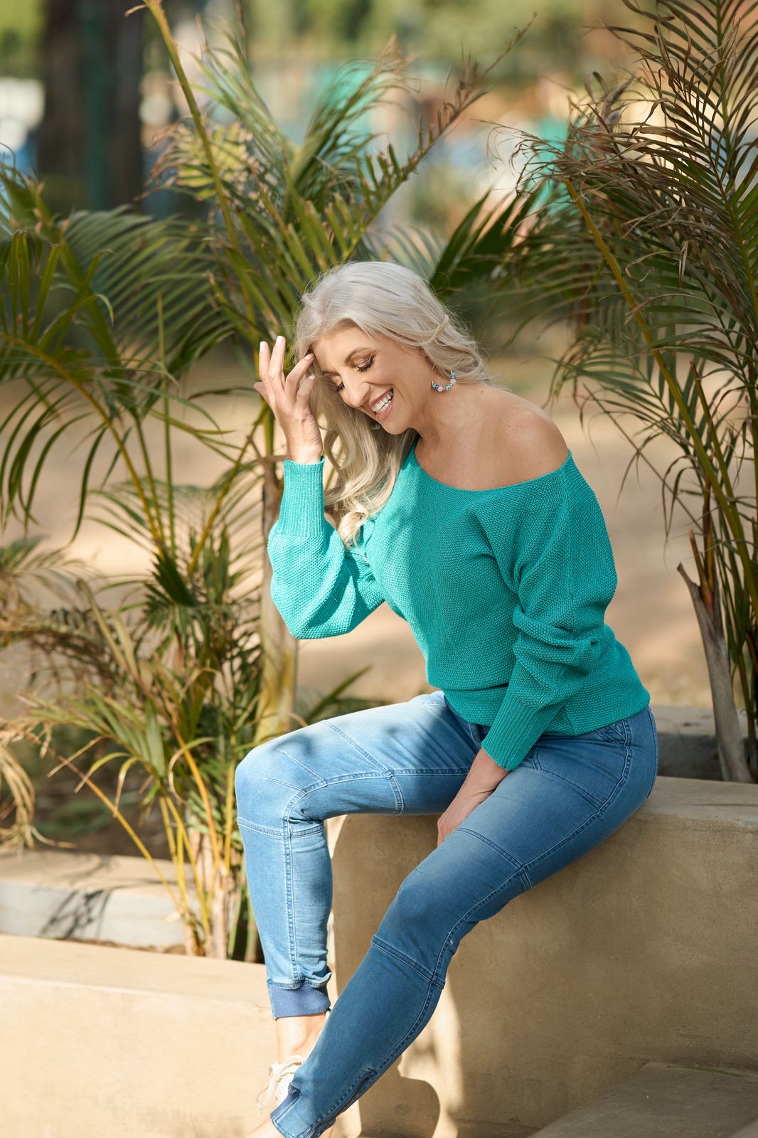 Teal cotton blend Dropshoulder knit